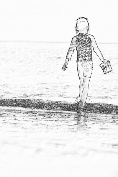 A girl walking on the beach with her back to camera, holding book in one hand and small drink bottle in other hand, wearing floral patterned vest top and shorts , full body shot, pencil sketch style, simple lines, black ink, white background, high contrast, soft shadows, natural lighting, serene atmosphere, tranquil sea backdrop.