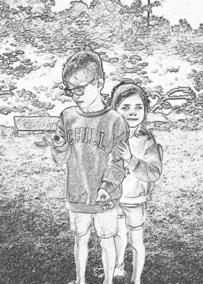 a black and white sketch of two kids standing in the park, one boy with glasses wearing an oversized sweatshirt that says "CHILL", another girl holding hands, coloring book page for children, simple drawing, low details, no shading, thick lines, no background, no shadows, no color,