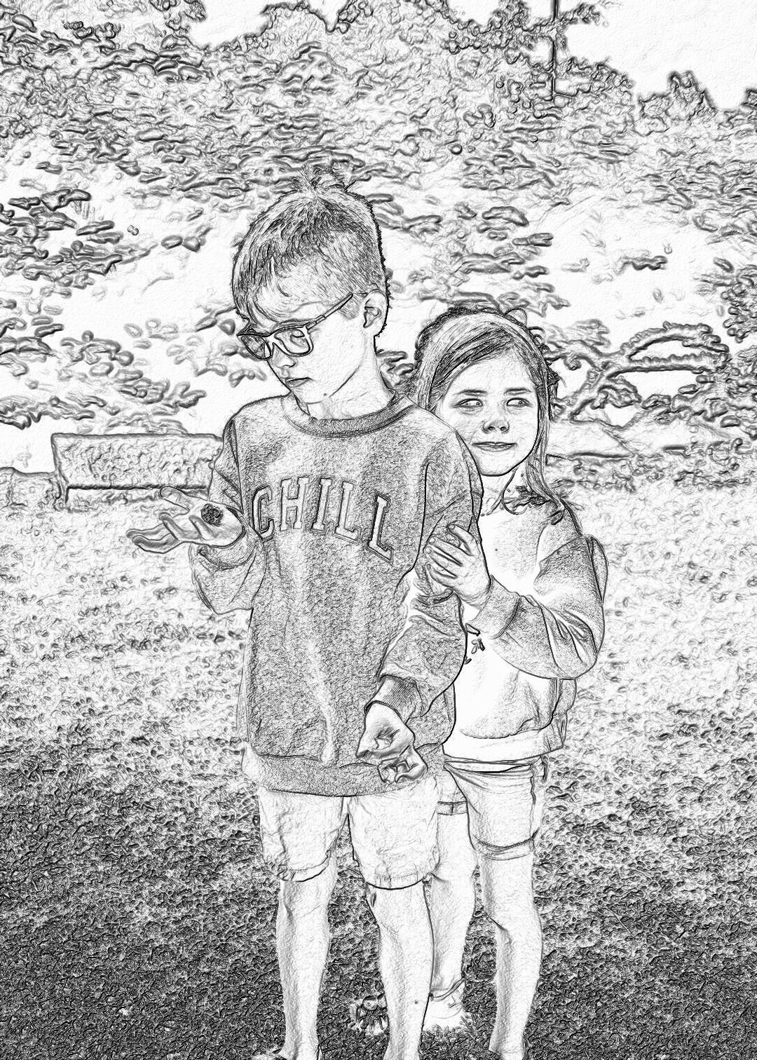 a black and white sketch of two kids standing in the park, one boy with glasses wearing an oversized sweatshirt that says “CHILL”, another girl holding hands, coloring book page for children, simple drawing, low details, no shading, thick lines, no background, no shadows, no color,