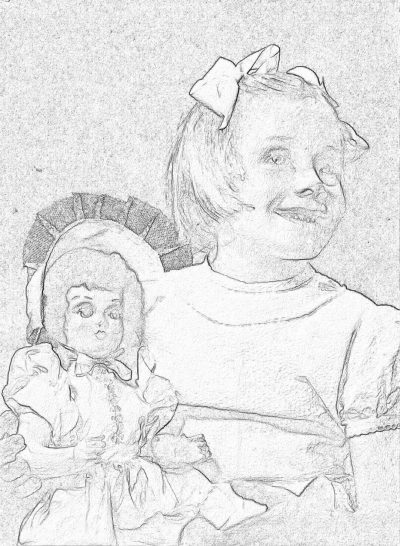 A drawing of an old fashioned doll with her smiling mother, simple line art in the style of pencil, vintage coloring book cover page for children, pastel colors.