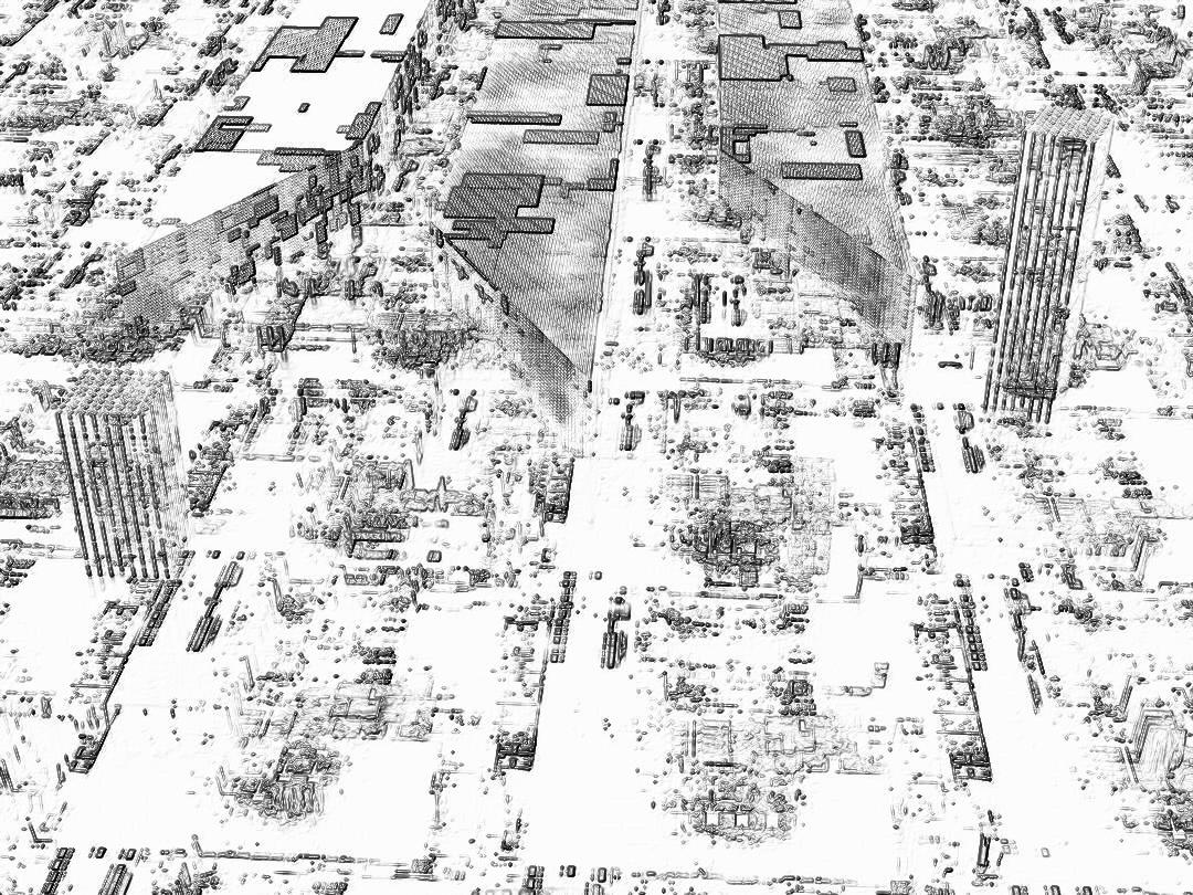 A black and white line drawing of the city with a white background showed an aerial view with many buildings. A lot of data was flowing through them in high resolution and high quality. White tones and black lines created white color blocks in a 3D model digital art that conveyed a three-dimensional sense with geometric shapes and a detailed design.