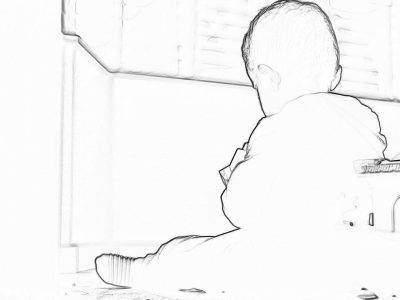 A baby sitting on the floor, in the style of a pencil sketch with simple lines, as a vector illustration with a simple background. It is a close up of his back and head with a view from behind him to the kitchen counter. The kitchen has a dark white brick kitchen counter, white walls, and a black window frame. It is from a low angle view with high contrast and low detail against a white background. It is a simple drawing in a minimalistic style like a white coloring page for kids.