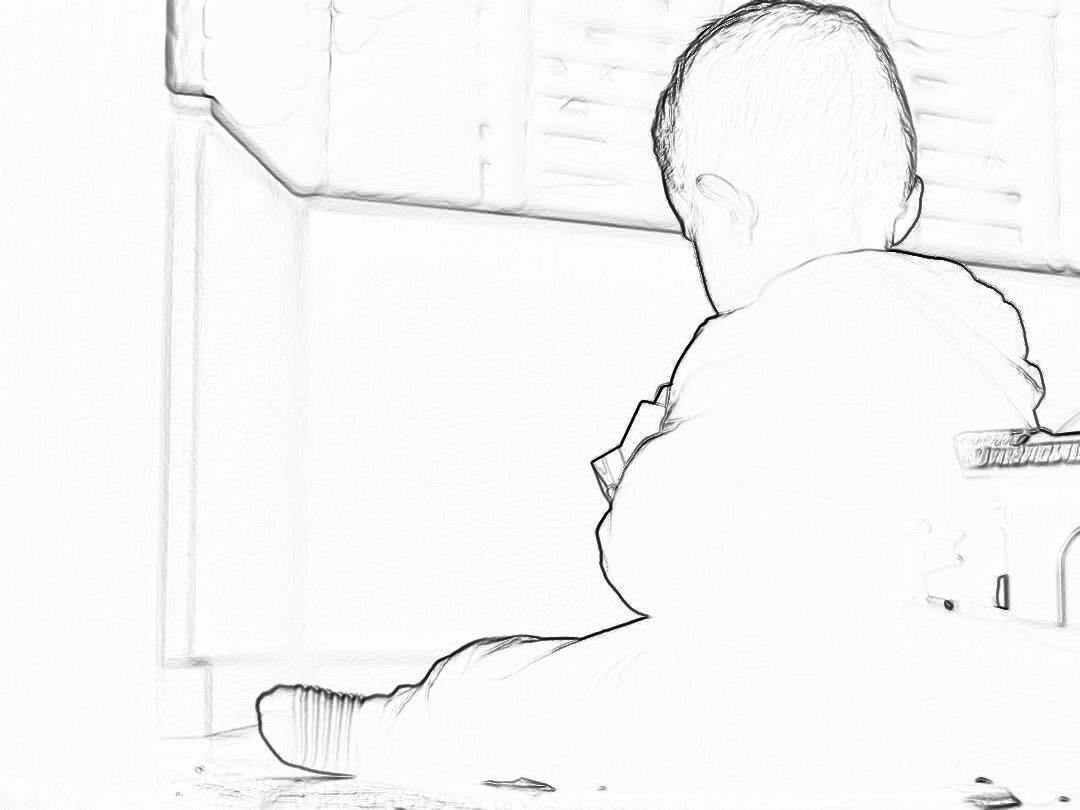 A baby sitting on the floor, in the style of a pencil sketch with simple lines, as a vector illustration with a simple background. It is a close up of his back and head with a view from behind him to the kitchen counter. The kitchen has a dark white brick kitchen counter, white walls, and a black window frame. It is from a low angle view with high contrast and low detail against a white background. It is a simple drawing in a minimalistic style like a white coloring page for kids.