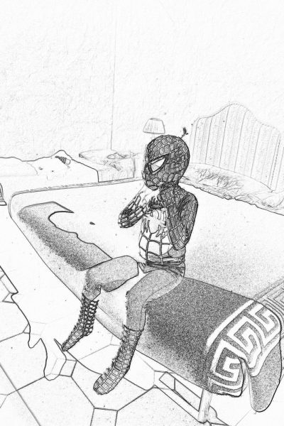 A simple black and white drawing in the style of a children's book, showing Spiderman sitting on top of his bed at home eating ice cream while he watches tv. The background is an indoor pool deck with tiles. A simple hand drawn doodle of spiderman wearing all gray armor and mask, with no helmet. His legs have just come out from under the blanket so you can see them. He has some tiny air bubbles around him as if floating in water. Use thick lines for bold outlines. Black ink pen outline. No shading. Simple.