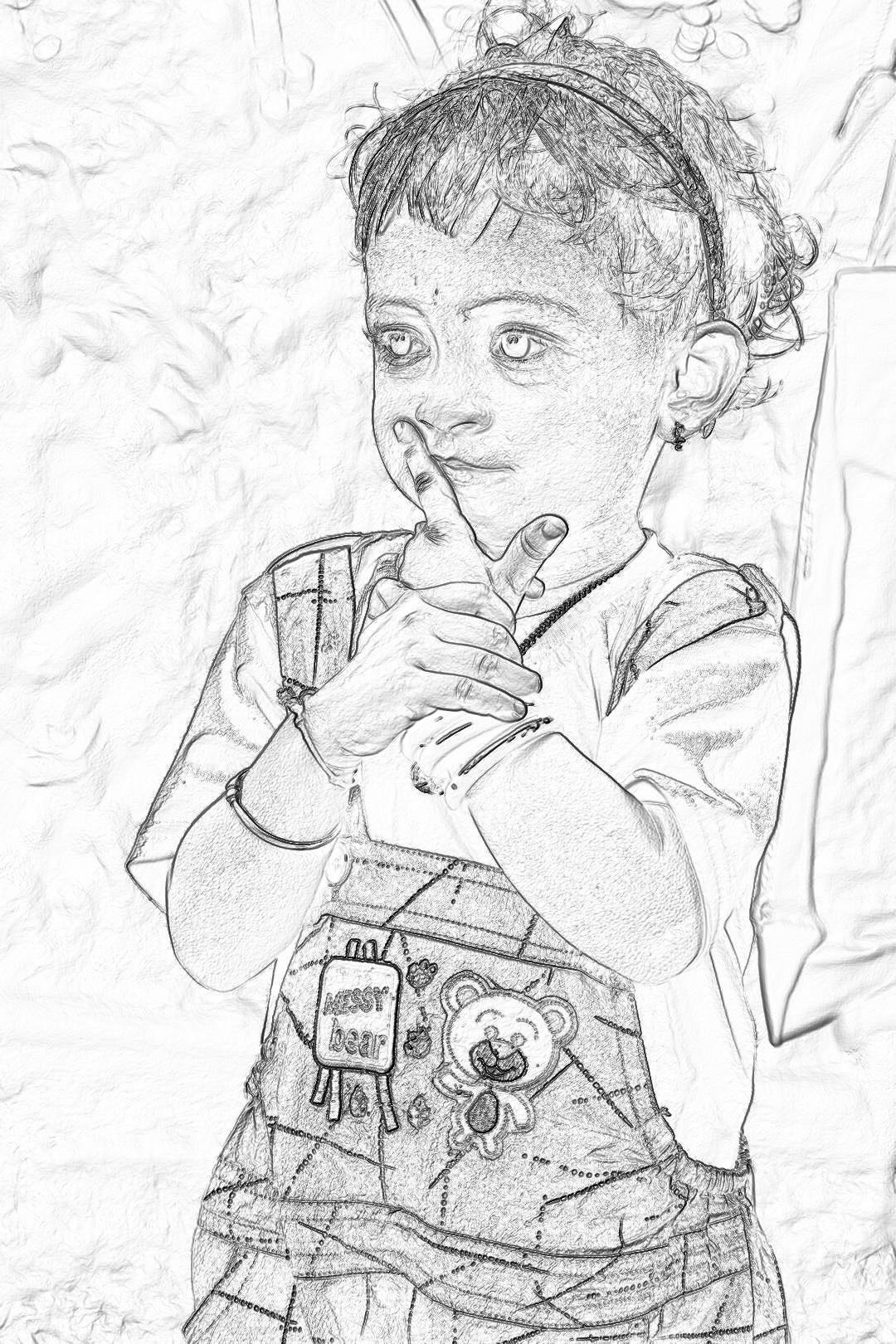 a cute baby girl wearing overalls and holding an unbranded plastic pen, the background is white paper with scribbles of crayons, pencil drawing style, simple line art, black & grey, grayscale, white background, high contrast, portrait, close up shot, low angle shot, cartoonish