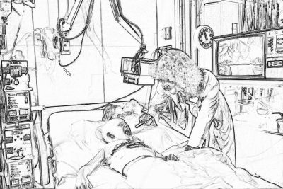 A black and white coloring book illustration of an adult female doctor with curly hair wearing scrubs, standing next to the bed of her patient who is lying down on his back at one end of a modern medical room full of life support machines, rainbow lights and TV screens. The scene should be in a simple line drawing style suitable for children's coloring pages, in the style of a drawing with no shading or grayscale. It must have bold lines and clear details to make it easy to color. No shadows, just outlines only.