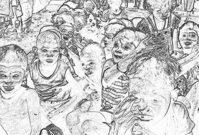 A pencil drawing of an army of zombies made up of children playing in the street, with happy faces, low detail, no shading, in black and white only, in a coloring book page style, as line art, kept simple, with low resolution, high contrast, on a white background, as a 2D vector illustration, in the style of Adobe Illustrator, with no shadows, low details, no colors, of high definition, and no gradient shading.