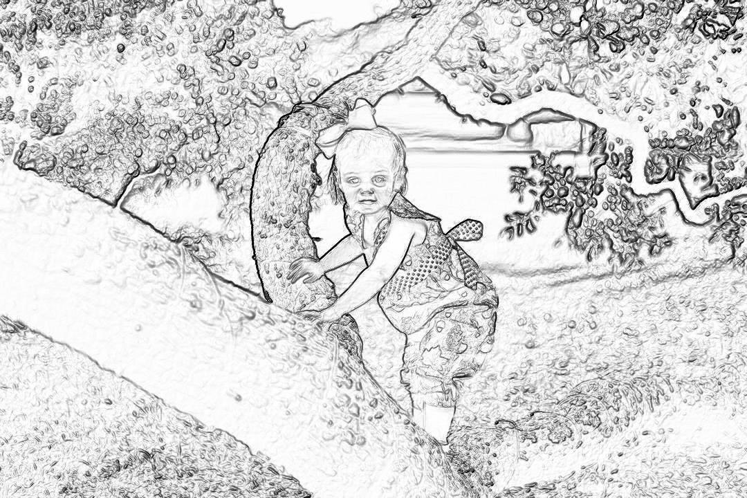 Black and white line drawing of a baby on a tree, wearing a fantasy dress in a fantasy world background, coloring page for kids, with thick lines and low detail, no greyscale or shading, on a single color background.