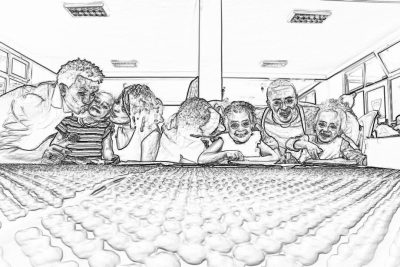 black and white line drawing of an office team working on their laptops, while the kids play in front with inflatable balls. The floor is covered in small plastic pebbles that glow from within. It's a fun scene. Done in the style of hyper realistic art. High resolution.