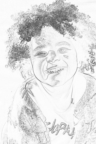 Black and white pencil sketch of an African American boy with big, curly hair smiling at the camera. He is wearing jeans and a long-sleeved t-shirt that says "Happy Birthday". The drawing should have bold lines and shading to give it depth and texture on paper. There are some background elements in light gray tones to add detail but make sure they don't obscure his face too much or he becomes less prominent as the focus point. The style of the drawing is in the style of a realistic portrait.