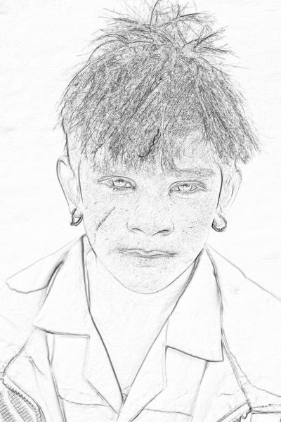 Pencil drawing sketch of a young boy with punk hair and piercings, wearing an old white shirt, simple background, no shadows on the character's face