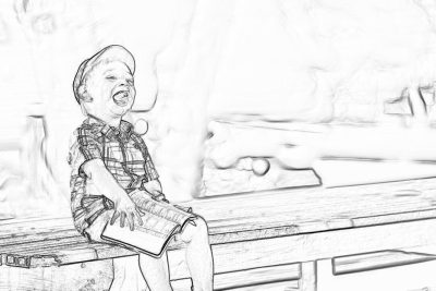 Black and white storyboard sketch of happy laughing little boy sitting on bench holding book, background is blurry old wood bridge