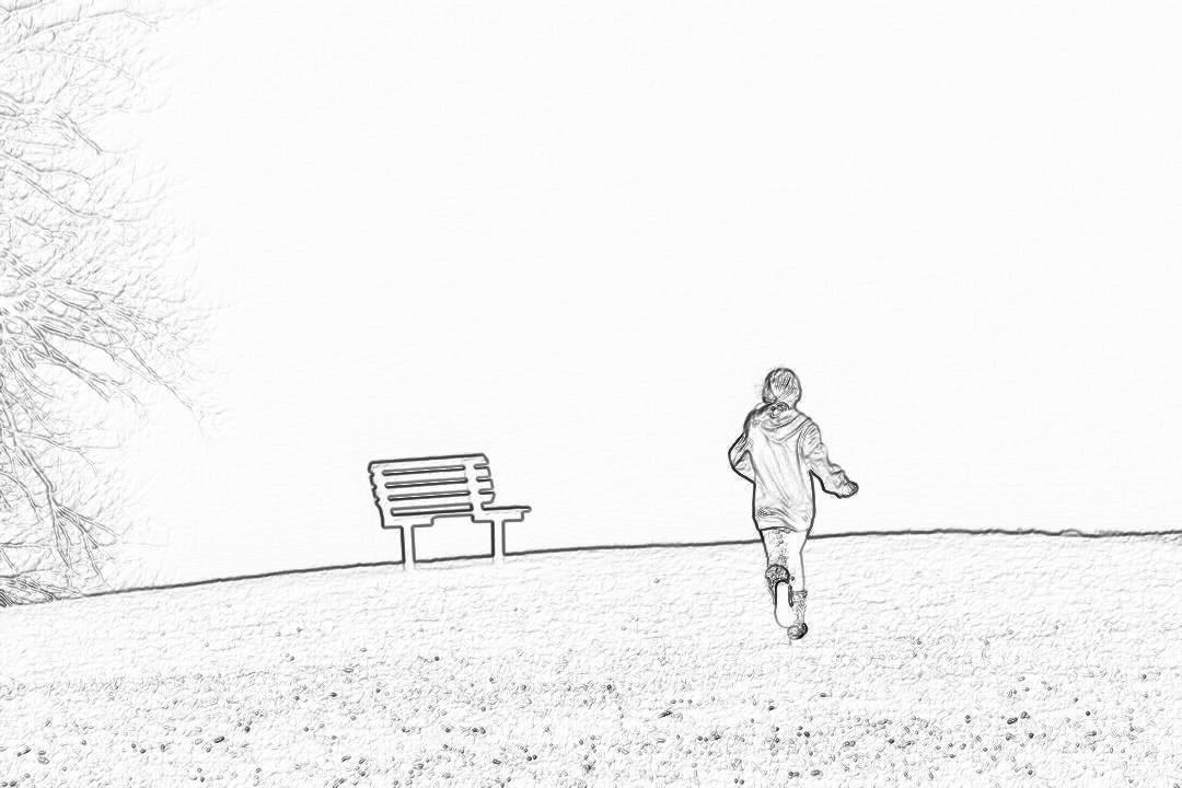 Black and white pencil sketch of an adult running in the distance, wearing winter  with gloves, towards a bench on the left side of the frame, flat background, minimalistic style, simple lines, high contrast, detailed texture, white space around the subject, isolated figure, long shot, serene park setting, natural light.