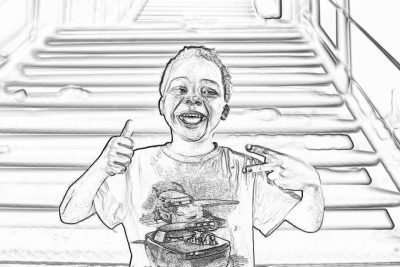 Black and white line art illustration of an African American boy smiling, wearing a t-shirt with "MORK & MINDY" on it, pointing at his shirt while standing in front of stairs giving a thumbs up sign. The background is a gray staircase with some other elements. He has short hair styled straight back. In the style of a handdrawn pencil drawing.