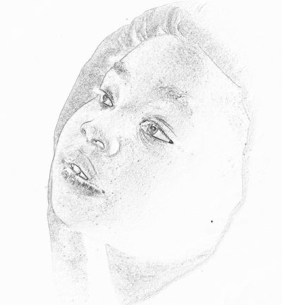 a simple pencil drawing of an African American woman's face, white background, low detail