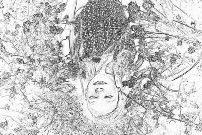 A girl lies on the ground, surrounded by wildflowers and vines, with her head covered in flowers. Her face is hidden behind her hair from an overhead perspective. The drawing style of black ink lines, in the style of , creates a sense of mystery, and the composition focuses on closeup shots of the subject.