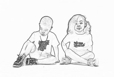 Black and white line art illustration of two young children sitting on the floor, one boy with short hair wearing sneakers and a t-shirt that says "noises you can't Dessie", another girl with long curly blonde hair also dressed in a t-shirt that says "exceedingly stupid". The background should be pure white to highlight their expressions and  details. They both have wide grins as if they just got something special for summer, in the style of a coloring page with a white paper background and white background.