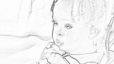 Black and white line art sketch of an African American baby girl with braided hair, holding a pacifier in her hand while sitting on a bed. A closeup view focuses on the detailed lines that outline her features. The background is blurred to emphasize the subject, creating an artistic and simple composition suitable for a coloring book page. High resolution and sharp details. in the style of [Gabriele Dell'otto](https://goo.gl/search?artist%20Gabriele%20Dell%27otto)