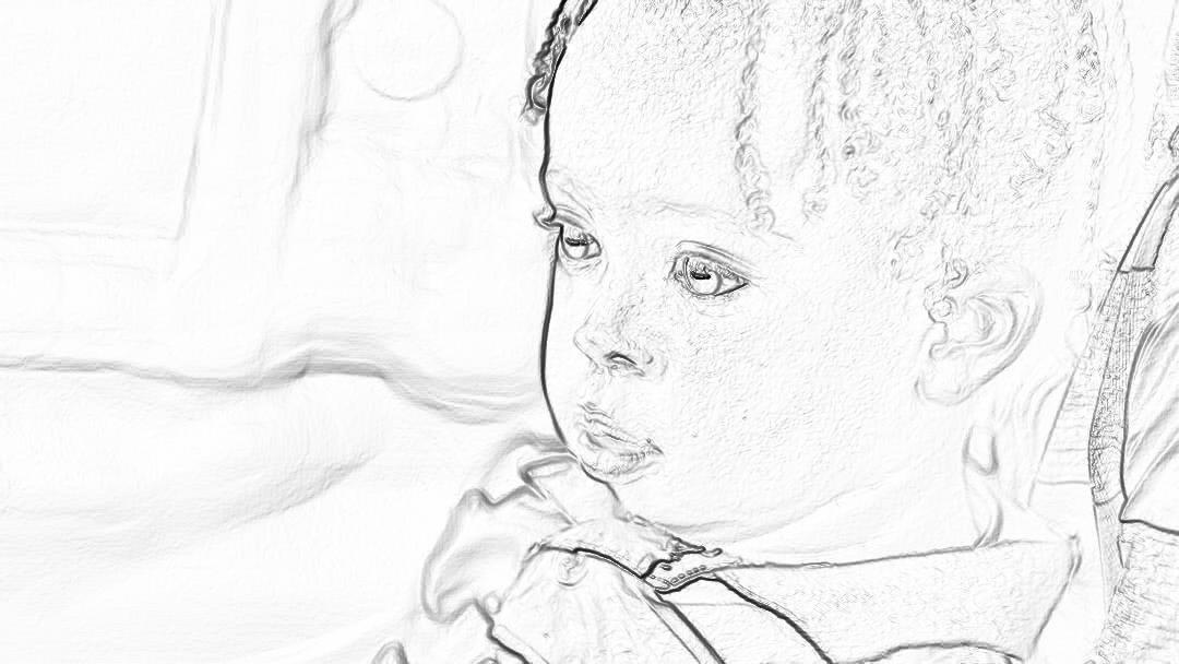 Black and white line art sketch of an African American baby girl with braided hair, holding a pacifier in her hand while sitting on a bed. A closeup view focuses on the detailed lines that outline her features. The background is blurred to emphasize the subject, creating an artistic and simple composition suitable for a coloring book page. High resolution and sharp details. in the style of [Gabriele Dell’otto](https://goo.gl/search?artist%20Gabriele%20Dell%27otto)