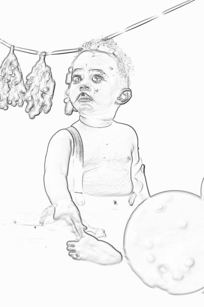 A baby sitting on the ground with his hands in front of him, looking at meat hanging from a clothesline. The drawing is made by hand and drawn using pencil, without any color or shading. It captures an African child's expression as he looks up to see if there will be food for himself. This scene symbolizes human aid and support during natural disasters. The sketch drawings are simple line drawings with black lines only on a white background, in the style of minimalist art.