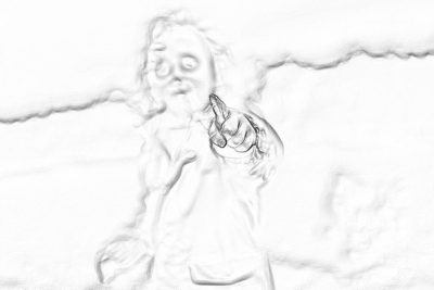 A pencil sketch of an old man in the clouds pointing at you, simple, white background, white and grey only