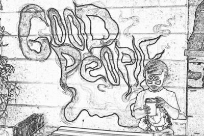 A graffiti drawing of the text "good people" on a wall. Next to it is an illustration in black and white ink in the style of someone drinking coffee at morning sunrise.