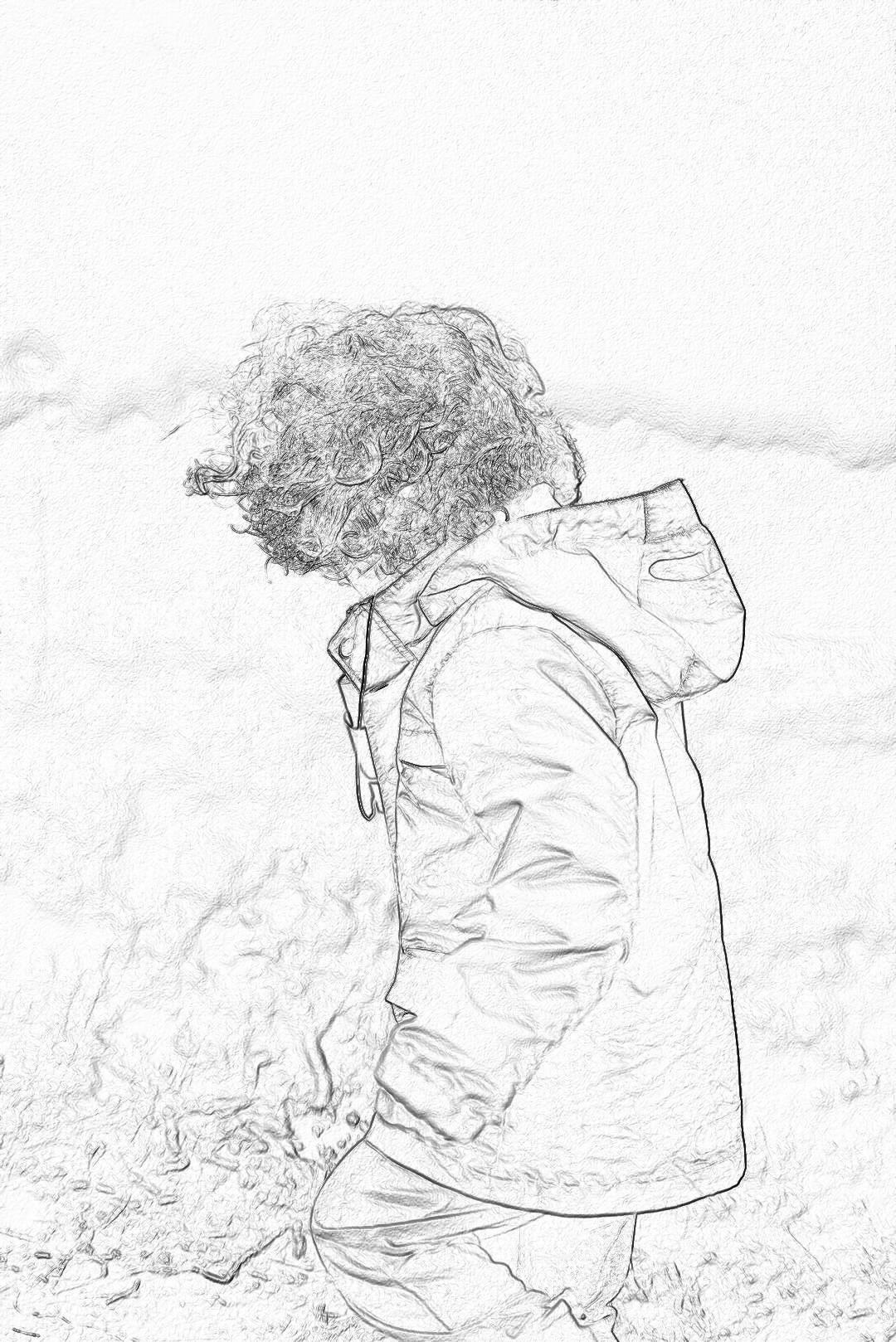 A simple sketch of an illustration showing a full body shot. A little boy with curly hair wearing a raincoat playing on the beach, viewed from the side, on a white background, with simple lines in a pencil drawing style and simple details using black and white tones to create a tranquil atmosphere. in the style of minimalist monochromatic pop art, by a concept artist. 8k