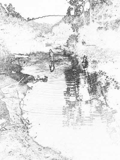 sketch of river bank with fisherman, black and white, pencil drawing, white background, simple, minimalistic, water reflection on the ground, high contrast, high resolution, high detail, in style by simon armitage, wide shot, hyper realistic, hyper detailed