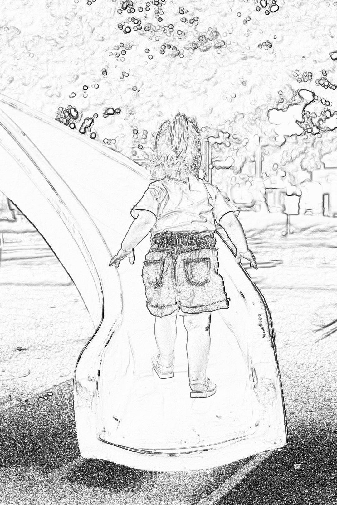 Black and white line sketch of an adorable toddler girl playing on the playground, wearing shorts with pockets, standing at the base end of the slide. The background is a sunny park scene with other children in various positions near her. She has a joyful expression as she faces away from the camera towards the viewer. It has a high contrast style.