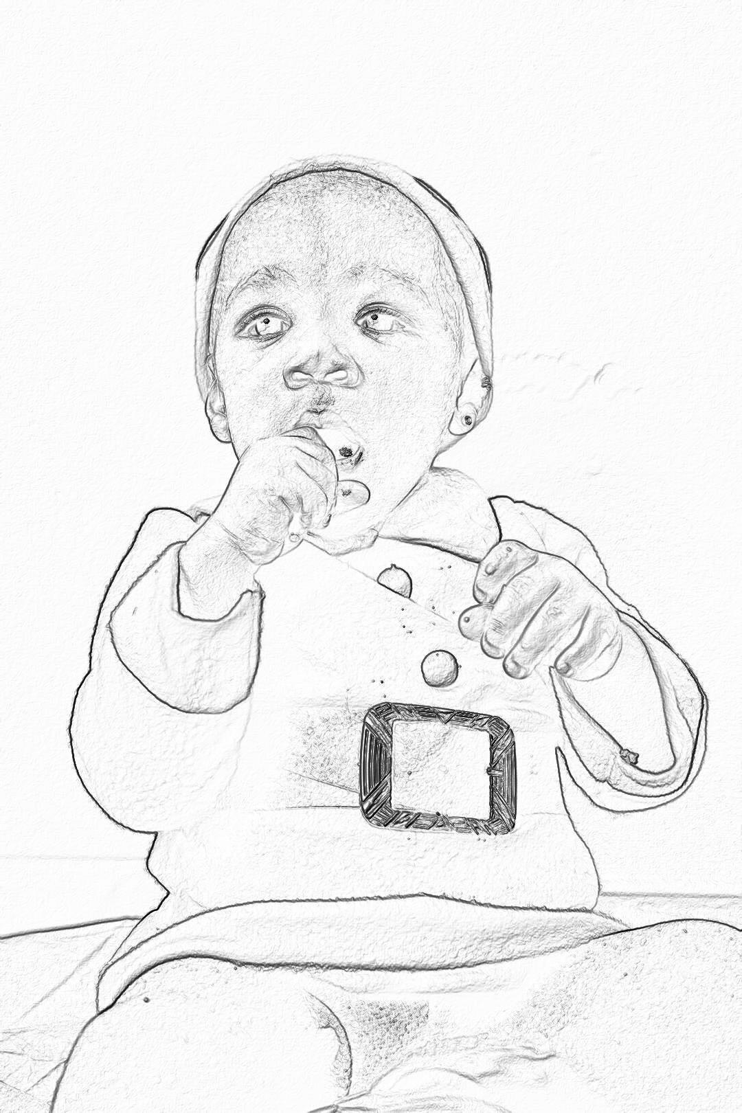 A realistic black and white sketch of an African American baby in the style of Disney, sitting on his high chair with one hand holding small plastic toy buttons while other is in mouth to drink milk from bottle. The background should be simple for easy coloring. It must have clean lines without any shading or texture effects, making it suitable as a colouring page drawing for children aged three years old. Use pencil strokes only. No shadows, no gradient. Only outlines.