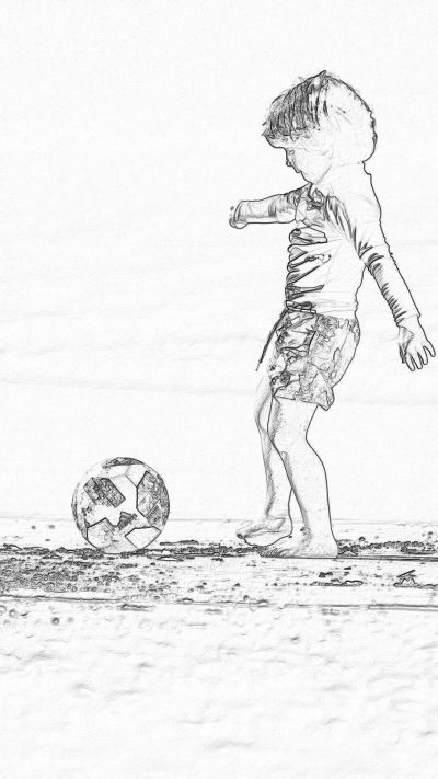 Black and white pencil sketch of a toddler playing soccer on the beach, with simple lines and low detail without shading in the style of a coloring page.