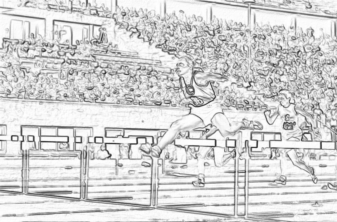 A track and field competition with crowded stands. People cheering on the athletes as they jump over obstacles in front of them. A pencil sketch style with simple lines and no shading or color. High resolution and detailed line art suitable as a coloring page for kids under 6 years old. Thick lines in the style of a drawing for use at school.