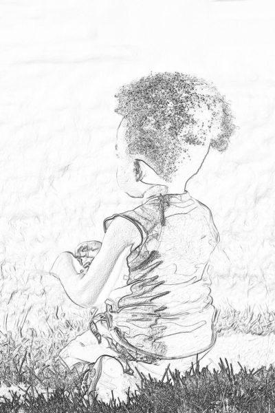 Pencil drawing sketch of an African American toddler sitting on the grass, looking down at her hands in front and playing with rocks. She has short curly hair and is wearing casual . The background features blurred greenery. It's a simple, pencildrawn illustration suitable for coloring pages or childrens' book art. No shadows; white paper background.