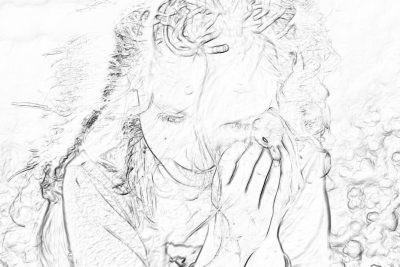 A coloring page of a sad woman, with her hand on the side of face and head in hands crying. She has long curly hair. The background is a white color, suitable for drawing and painting. Sketch style, low detail. No shading or shadows. It's drawn with pencil lines and bold sketching techniques. There should be no text.