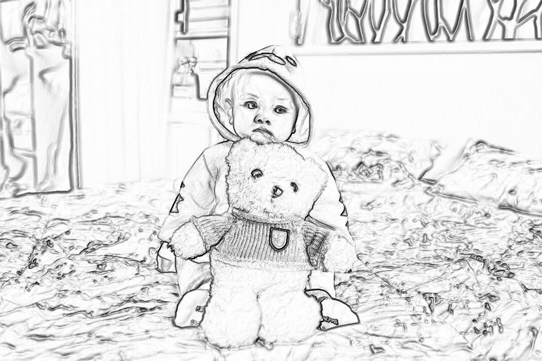 Black and white line drawing, sketch style, a cute baby is sitting on the bed holding his teddy bear toy in front of him, the background shows a bedroom with a wooden floor. The focus should be on capturing intricate details such as textures and  elements to bring out their personality. Use light lines for coloring, creating an artistic effect that highlights each element while maintaining clarity and detail. High resolution, in the style of a minimalist sketch.