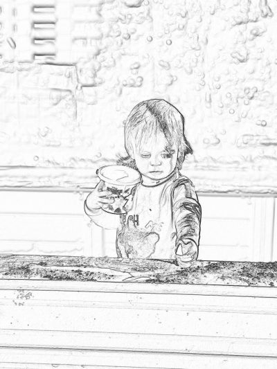 A black and white drawing of a toddler sitting at the kitchen table playing with some water, only his head is visible in the frame, white background, low detail, simple line art style, coloring page for kids, thick lines, low details, no shading, no color, light grey pencil sketch on paper in the style of [Gustave Doré](https://goo.gl/search?artist%20Gustave%20Dor%C3%A9).