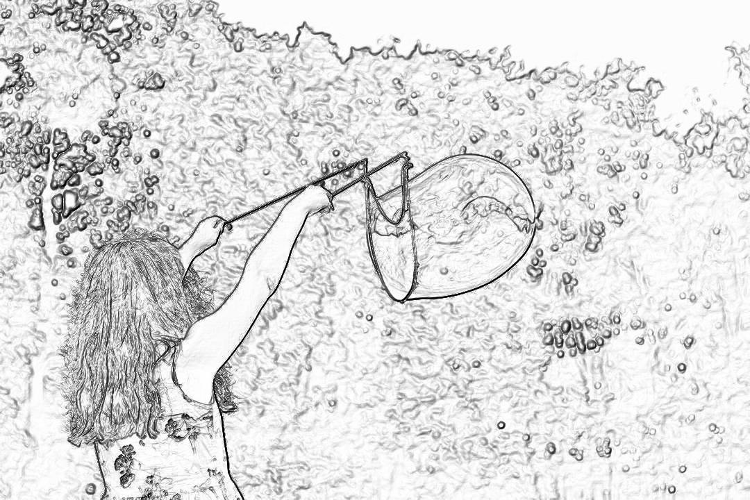 A black and white line drawing of a girl blowing soap bubbles with a bubble gun, in the garden. The drawing is in the style of Chinese artist.