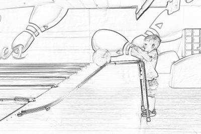 a black and white line drawing of A young boy with crutches, holding onto the railings on one side of an indoor bowling alley that is covered in graffiti. He has his head down as he plays the game alone. In front him sits another child playing bowling, while two large robotic arms reach out from behind them to block their shots. The background shows rows of wooden dots used for cheese ball play. , cartoon style