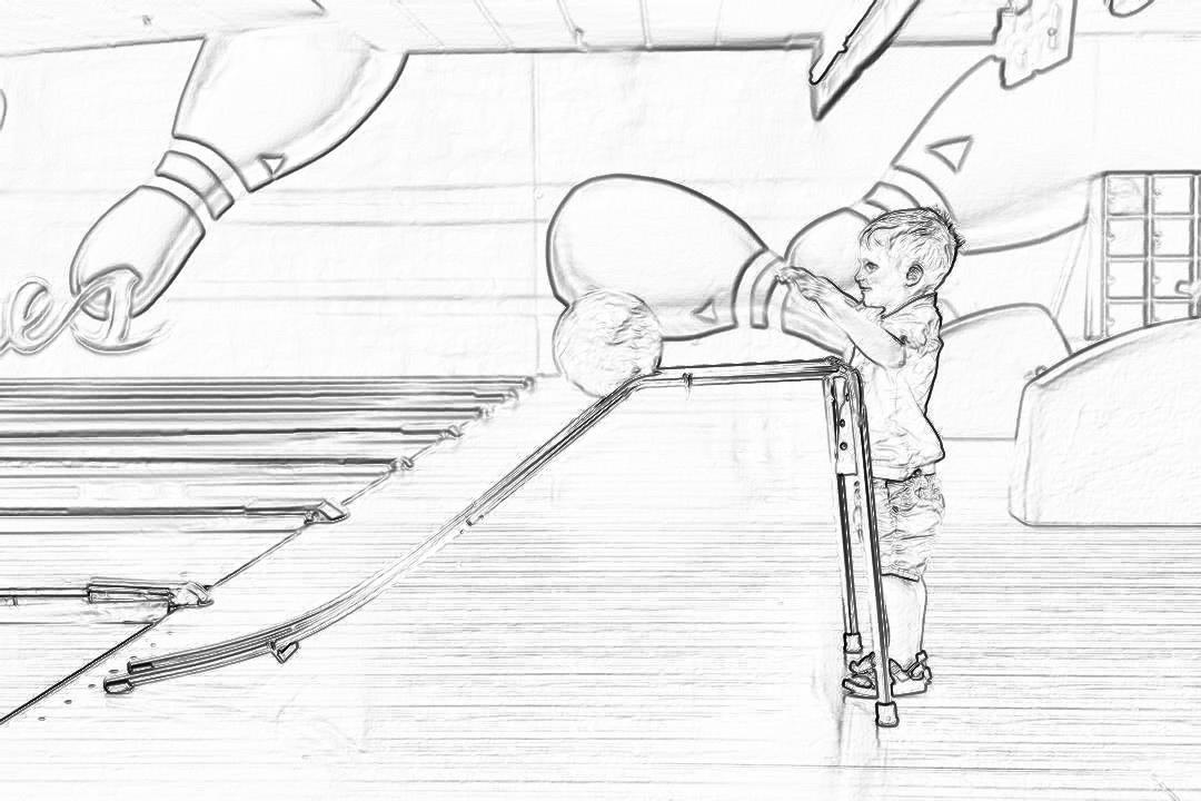 a black and white line drawing of A young boy with crutches, holding onto the railings on one side of an indoor bowling alley that is covered in graffiti. He has his head down as he plays the game alone. In front him sits another child playing bowling, while two large robotic arms reach out from behind them to block their shots. The background shows rows of wooden dots used for cheese ball play. , cartoon style