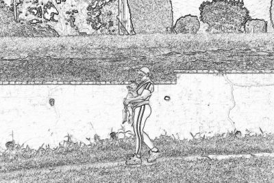 Black and white storyboard line rough sketch, simple pencil drawing of A woman in striped baseball uniform is standing on the grass near wall holding her baby while playing ball game at park