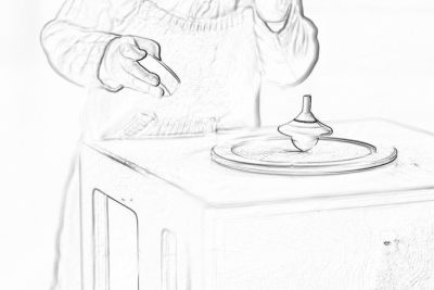 a simple pencil drawing of an adult holding the top to spinning top, sitting on white kitchen counter, simple lines, simple coloring book page, no shading, no grey, minimalistic, white background, white shabby chic sideboard backdrop