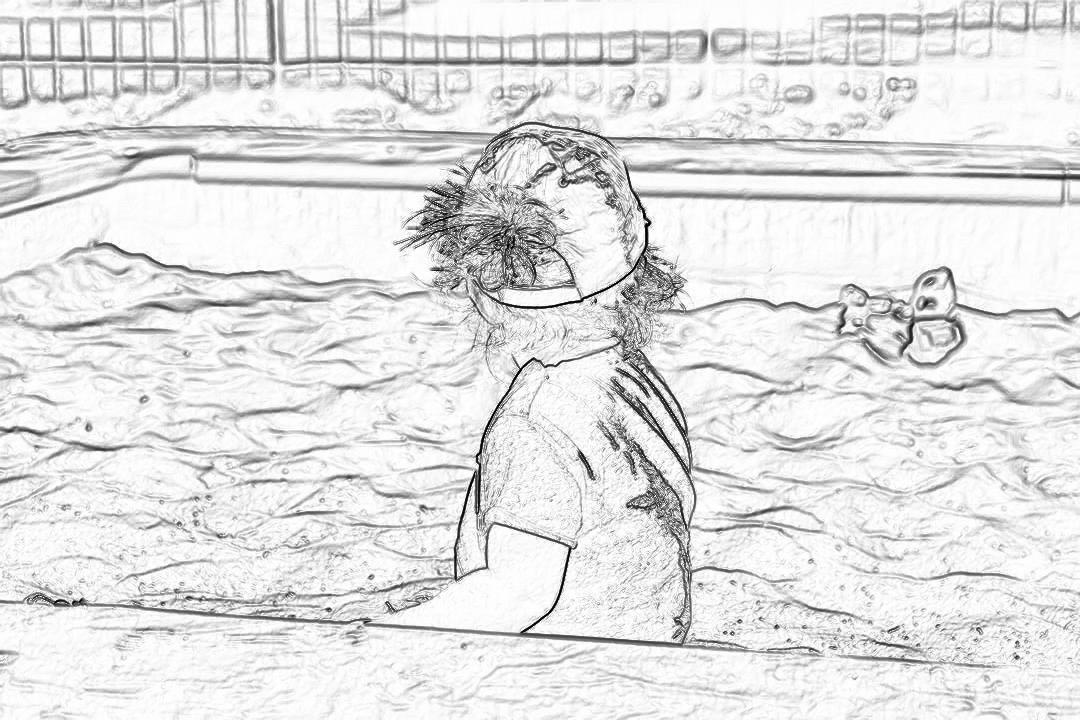 water polo girl player with hair bun in the water, swimming pool background, simple line art coloring page for kids, black and white, no shading, close shot, wide angle, in the style of simple line art.