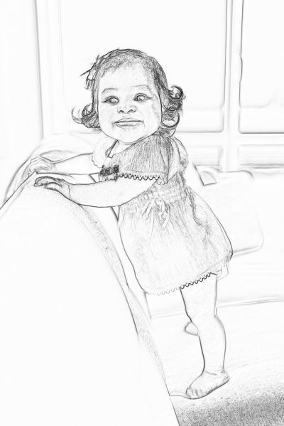 Black and white sketch of a happy Indian toddler girl standing, full body shot, sitting in her high chair at home in the style of bLogic.