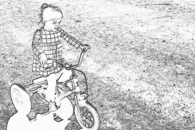 Black and white line drawing of young girl riding tricycle, children's book illustration style, simple lines, minimalistic, no shading details, high contrast, full body shot, closeup perspective, focus on the bike with child in checkered dress standing beside it, on flat background.