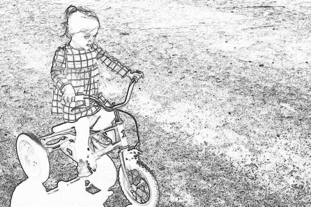 Black and white line drawing of young girl riding tricycle, children’s book illustration style, simple lines, minimalistic, no shading details, high contrast, full body shot, closeup perspective, focus on the bike with child in checkered dress standing beside it, on flat background.