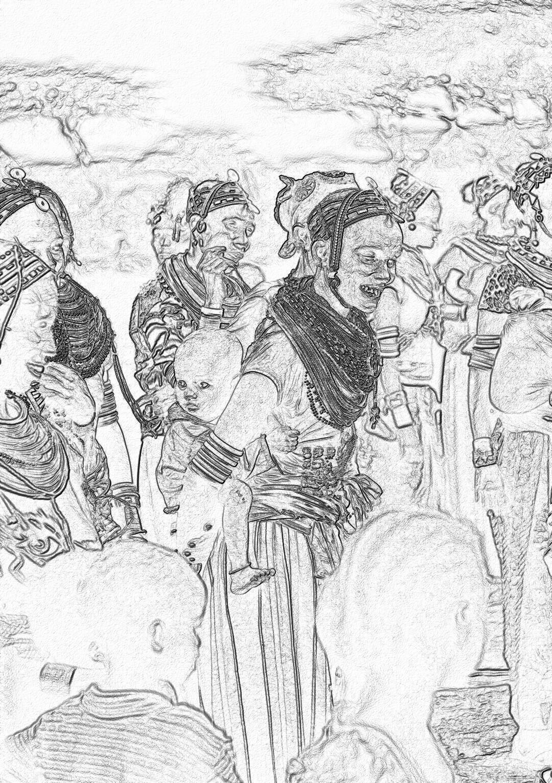 A black and white pencil sketch storyboard shows some ancient aliens performing traditional music in a village, with some Asian villagers listening to them play their instruments. The tribal people have big bodies and small heads. They wear long loincloths made from animal skin and headdresses that look like shamanic hats. The background is an Indian street market. High detail, sharp focus, depth of field, white background, in the style of a cinematic style.