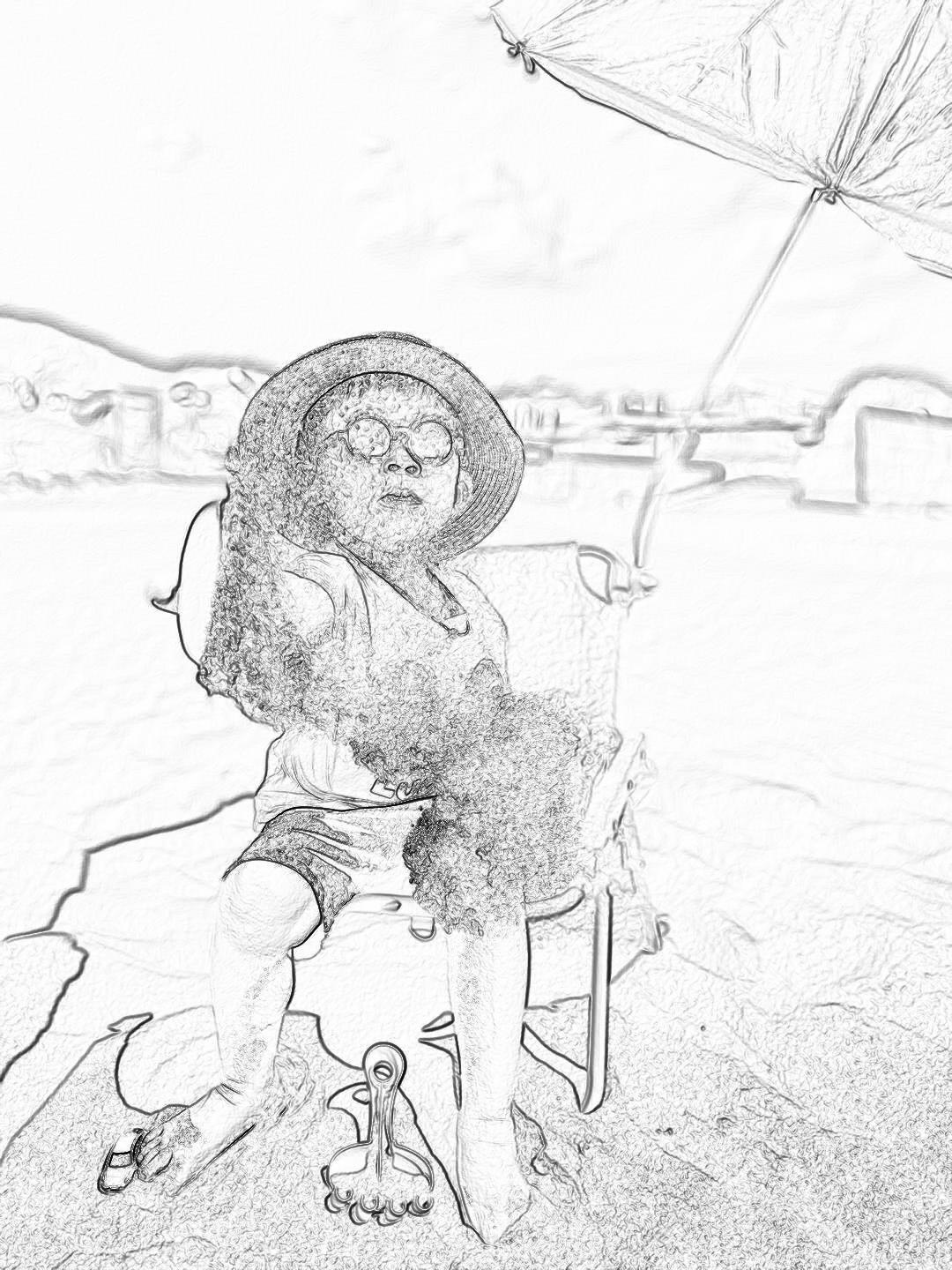 Black and white storyboard sketch of happy overweight woman sitting on beach chair at the side, wearing sun hat and sunglasses holding an umbrella, full body shot, zoomed out, simple background, storyboard style, pencil drawing