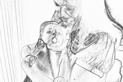 a baby being held by his mother's face while she is holding him up to her mouth, storyboard pencil sketch style