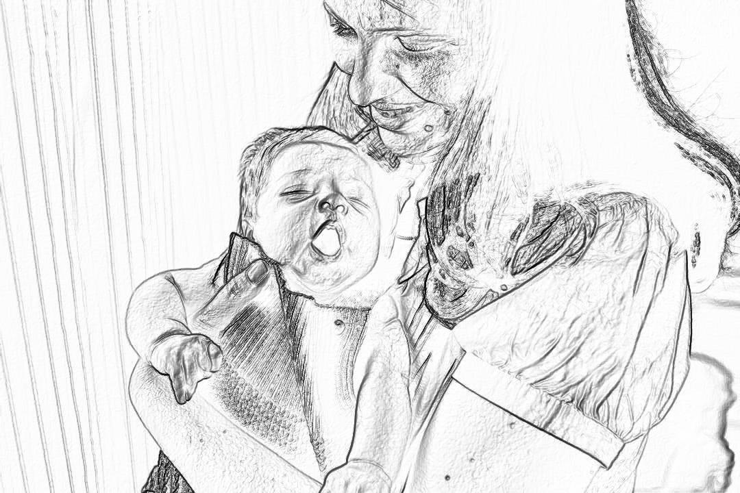 a baby being held by his mother’s face while she is holding him up to her mouth, storyboard pencil sketch style