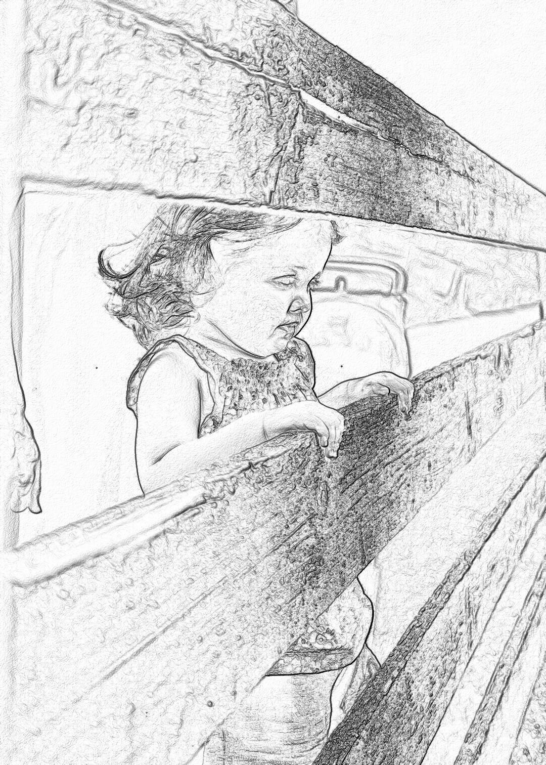 A little girl is playing the flute on an old wooden bridge, in the style of a pencil sketch.